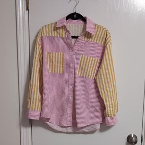 Striped Pink and Yellow Button-Up Shirt